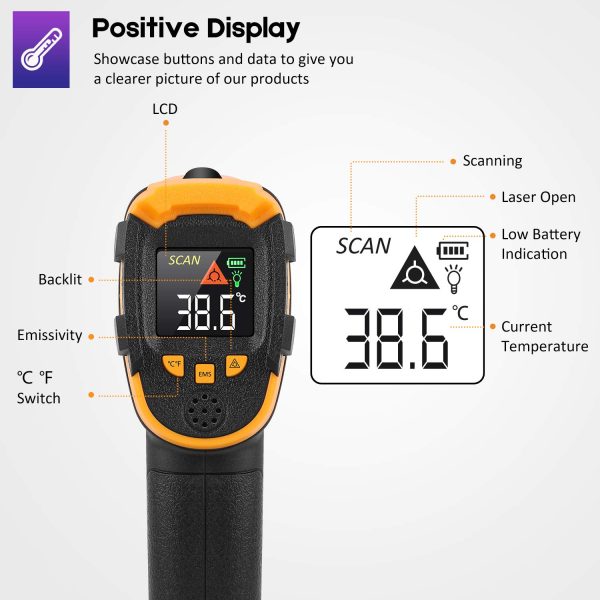 Infrared Thermometer Non-Contact Digital Laser Temperature Gun Color Display -58?H??1112?H(-50?桫600??) Adjustable Emissivity - for Cooking/BBQ/Freezer/Food/Fridge - Meat Thermometer Included - Image 9