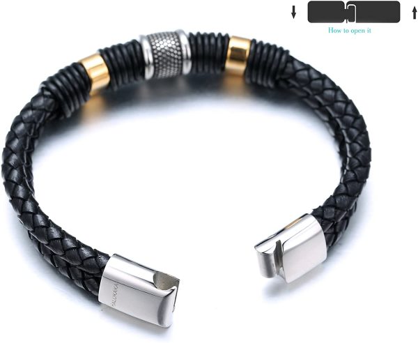 HALUKAKAH Kids ?? Solo Junior ?? Boy's 6-12+3 Y/O. Black Cowhide Leather Bracelet 18k Real Gold/Platinum Plated Titanium Beads Golden Silver Magnetic Clasp Size Adjustable 18-19.5cm with Free GIftbox - Image 3