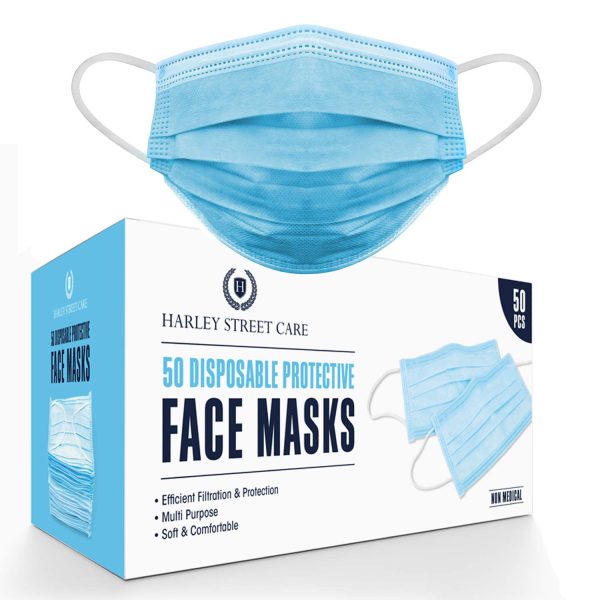 Harley Street Care Disposable Blue Face Masks Protective 3 Ply Breathable Triple Layer Mouth Cover with Elastic Earloops (Pack of 50) - Image 9