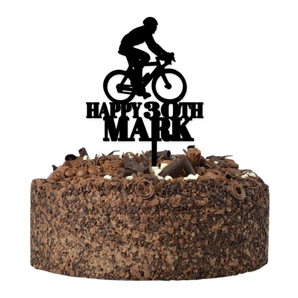 Happy Birthday Bicycle Cycling Cake Topper Decoration - PERSONALISED Mountain Bike ANY Age ANY Name Cake Toppers for Him, Son, Boys, Dad, Grandad, Kids - Gold Silver Black Wood Cake Decoration - Image 3