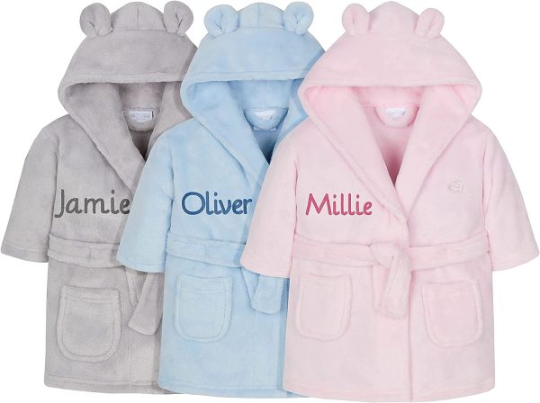 Personalised Embroidered Baby Bath Robe Dressing Gown Soft Gift Pink/Blue/White Teddy Ears Boy Girl Present 0-24 Months - Image 3