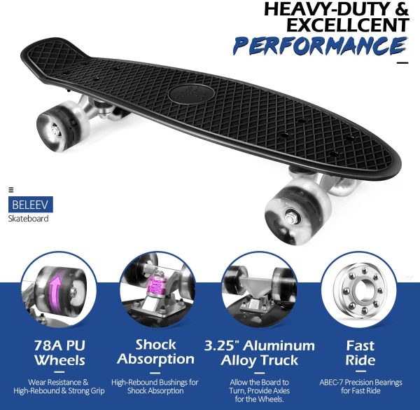 BELEEV Skateboard Complete Mini Cruiser Skateboard for Kids Teens Adults, Led Light up Wheels with All-in-One Skate T-Tool for Beginners - Image 2