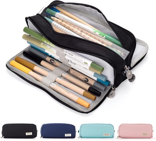 Large Storage Pencil Case with 3 Compartments for Girls and Boys, Big Capacity Aesthetic Pencil Bag 3 Deckers for School Supplies, Black - Image 5