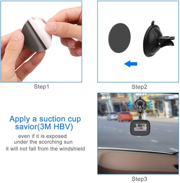 Dash Cam Suction Cup Mount Holder Compatible with TOGUARD, apeman, Yi, Mibao, SuperEye, DuDuBell, Crosstour Etc. with 10+ Different Points, 3 x Glue Double Sided Adhesive Tapes, 3 Wipes(dry and wet) - Image 7