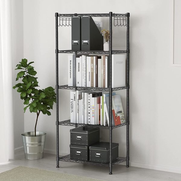 alvorog 5 Tier Shelving Units for Storage, Multipurpose Storage Shelves with 10 Hooks, Adjustable Height, Heavy Duty Metal Structure Organizer Pantry Shelves for Bathroom Kitchen Garage(59X34X150cm) - Image 3