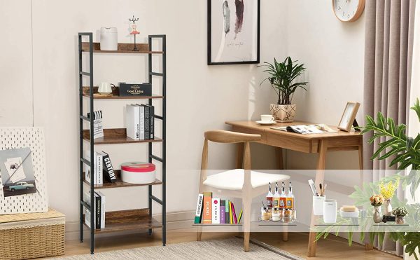 eSituro Heavy Duty 5-Tier Storage Shelves Ladder Bookshelf Vintage Industrial Bookcase Shelving Unit Stand with Black Metal Frame Walnut Wooden Shelves 60x27.5x160CM SSTR0056 - Image 4