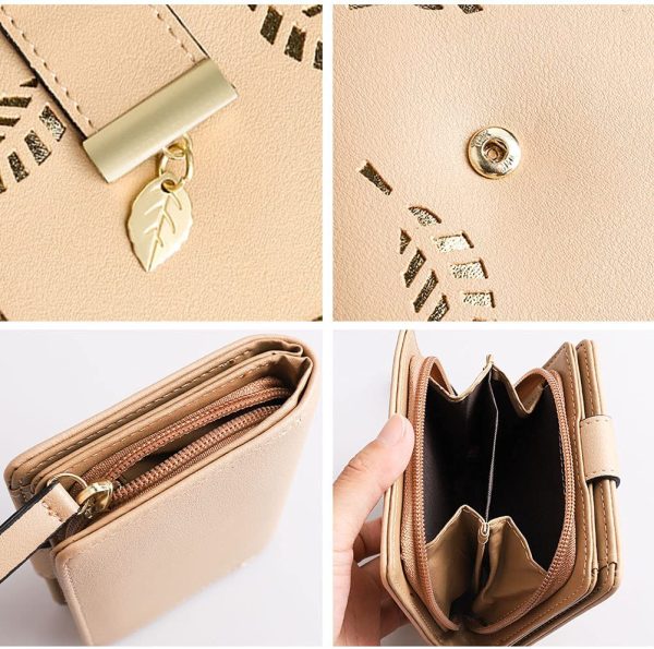 Leather Short Purse, Cute Women Leather Wallet Purses Women Fashion Short Purse Ladies Purse Clutch Holder Case Leaf Pendant Coin Zipper Short Purse( Beige )