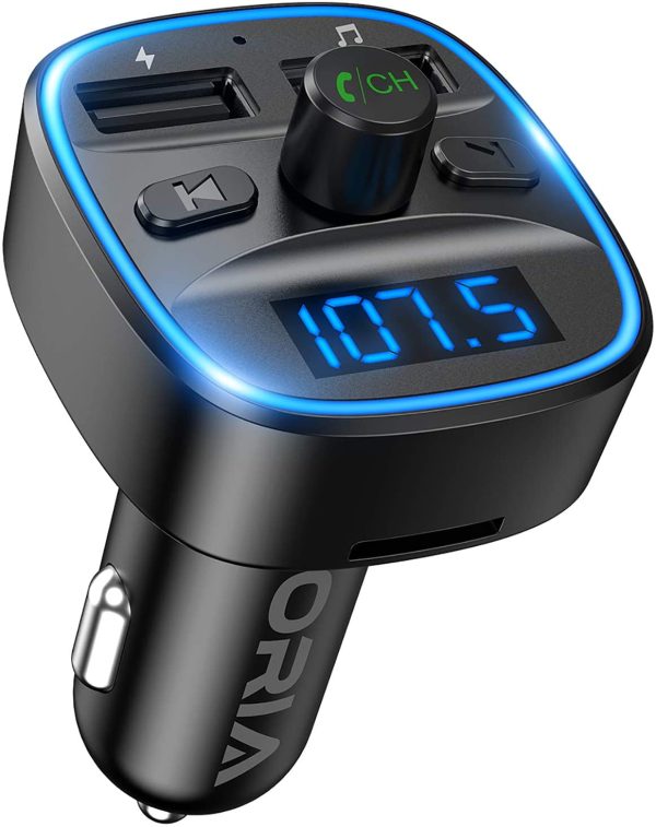 ORIA Bluetooth FM Transmitter for Car, [2022 Upgraded] Wireless in-Car Radio Adapter Car Kit, Universal Car Charger with Dual USB Charging, Hands-Free Calling, Music Player Supports TF Card & USB Disk