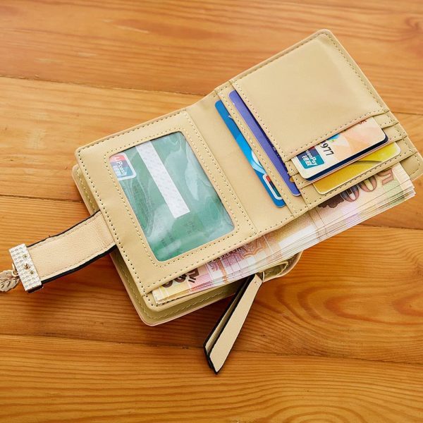 Leather Short Purse, Cute Women Leather Wallet Purses Women Fashion Short Purse Ladies Purse Clutch Holder Case Leaf Pendant Coin Zipper Short Purse( Beige ) - Image 4