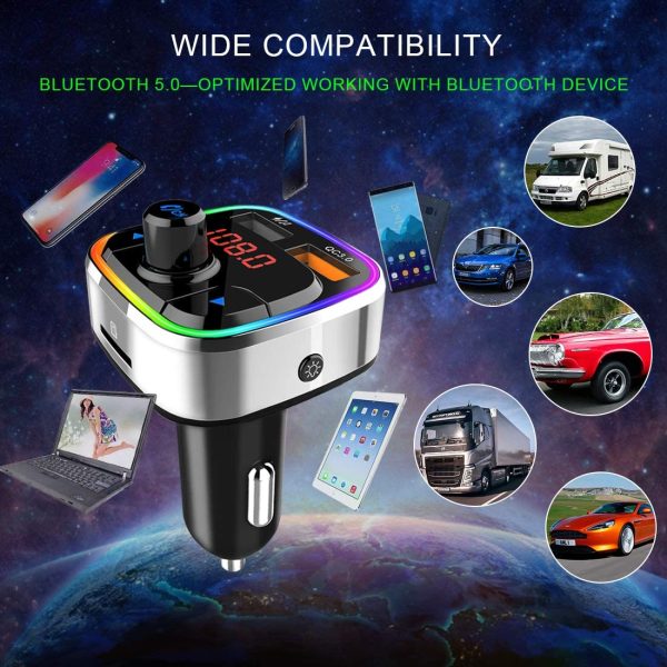 Bluetooth 5.0 Car FM Transmitter, Wireless Bluetooth Car Radio Audio Adapter Hands-free Car Kit with QC3.0 & 5V/2.4A USB Car Charger, Colorful Backlit, Mp3 Music Player Support TF Card/USB for iPhone - Image 4