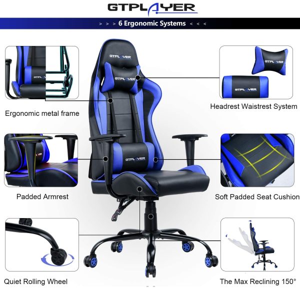 Gaming Chair Office Chair Swivel Heavy Duty Chair Ergonomic Design with Cushion and Reclining Back Support(Blue) - Image 5