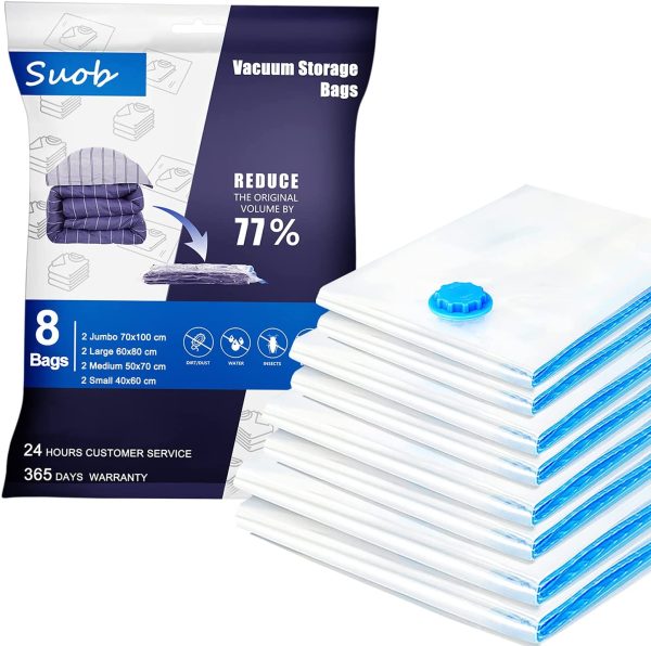 Premium Vacuum Storage Bags - Pack of 8 (2 Jumbo + 2 Large + 2 Medium + 2 small) Double Zip Seal Reusable for Duvets, Bedding, Pillows, Clothes, Quilts, Sweater, Comforters, Suitcases