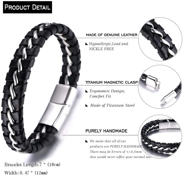 HALUKAKAH Kids ?? Solo Junior ?? Boy's Genuine Leather Bracelet Black 6-12 Y/O. Titanium Silver Chain Magnetic Clasp 7"/18cm with Free Giftbox - Image 2