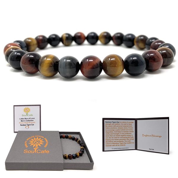 Men's Rainbow Tigers Eye Stretch Power Bead Bracelet - Soul Cafe Gift Box & Tag - Image 2