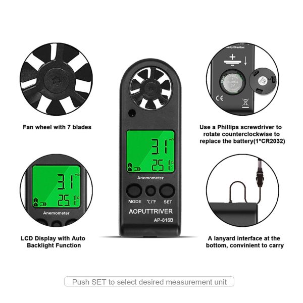 Digital Anemometer Handheld Wind Speed Meter for Measuring Wind Speed, Temperature and Max/Average/Current, High Precision, Measuring for Windsurfing Sailing Fishing Outdoor Activities-AP-816B(Black) - Image 5