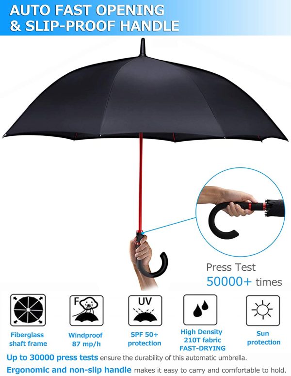 55 Inchs Golf Umbrella Windproof for Men Ladies Walking Stick Umbrellas Large Automatic Open for 2 Persons with Fiberglass Ribs and 210T PG Water-Repellent Fabric, Auto Open Umbrella Long Umbrella - Image 4