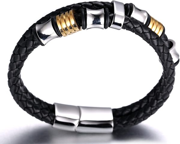 HALUKAKAH Kids ?? Honor Junior ?? Boy's Genuine Leather Bracelet 6-12 Y/O. Titanium Honor Gold Beads Golden Magnetic Clasp Size Adjustable 18-19.5cm with Free Giftbox - Image 2