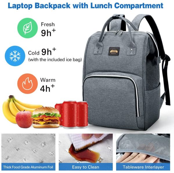 Lekesky Laptop Lunch Backpack,Laptop Rucksack Bag for Women Men,15.6" Laptop Backpack with Insulated a compartment, a PVC Lunch Bag and an Ice Bag, Grey