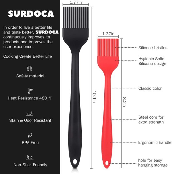 SURDOCA Silicone Pastry Basting Brush - 2Pcs 10 + 8 in Heat Resistant Brush for Baking Cooking Food, BPA Free Kitchen Brush for Sauce Butter Oil, Stainless Steel Core Design for Barbecue BBQ Grilling - Image 5