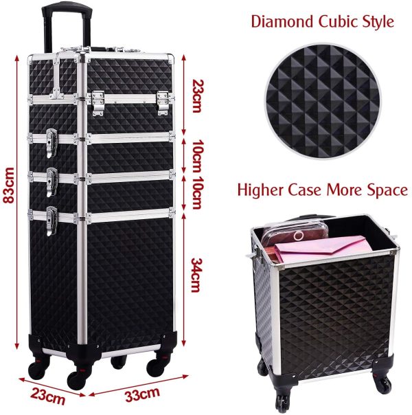 Joligrace Professional 4-in-1 Large Beauty Make up Trolley Cosmetics Vanity Organiser Rolling Case with Universal Wheels and Key Locks 4 Tiers (Black) - Image 2