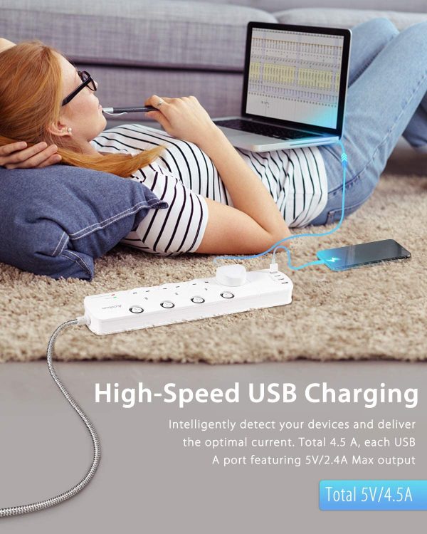 Extension Lead with USB Slots, 4 Way Socket Outlets Power Strips with 4 USB (4.5A) Surge Protection Plug Extension with 1.8 Meter Braided Extension cord for Home Office, Individually Switched White - Image 8