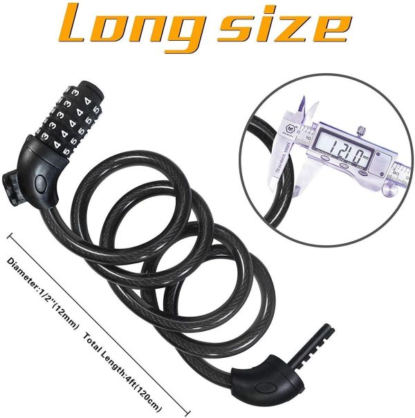 REHKITTZ Bike Lock Bicycle Locker Combination 5 Digit 120cm/12mm Long Cycle Cable Locks Bikes Chain High Security for E-bike Mountain Bike Outdoor Ski Gate Accessories - Image 6