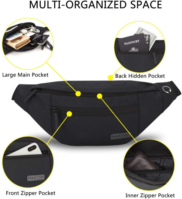 MAXTOP Large Bumbag Waist Fanny Pack for Men Women Unisex Bum Bag with Headphone Jack and 4-Zipper Pockets Adjustable Belt for Biking Running Jogging Traveling Outdoors Workout Cycling Fitness Hiking - Image 5