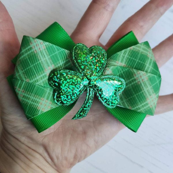 Lucky Green Shamrock Hair bow, Perfect for St Patricks day. 4" Bow on Alligator Clip. - Image 3