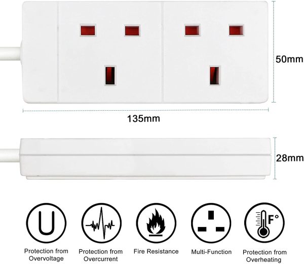 ExtraStar 2 Way Extension Lead, 13A Fused UK Plug Adapter, 1 Metre Extension Cable Power Strip - White - Image 4