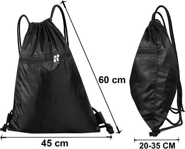 Drawstring Bag String Gym Sack Drawstring Sports Bag Swim Men Women Sack Outside Pocket Zipper PE Backpack Beach School Holidays Swimming Travel Boy Girl Waterproof (Black) - Image 4