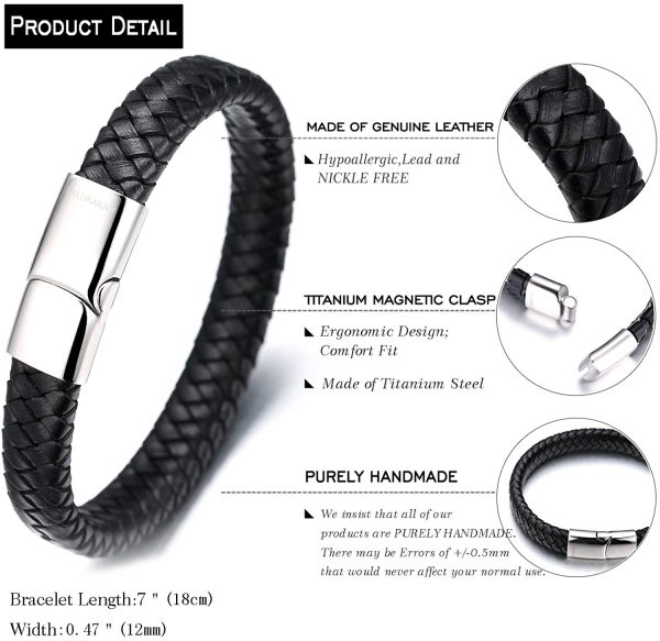 HALUKAKAH Kids ?? Solo Junior ?? Boy's Genuine Leather Bracelet Classic Black 6-12 Y/O. Titanium Magnetic Clasp 7"/18cm,Free Giftbox - Image 2