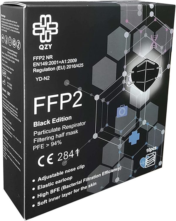 FFP2 Mask Black Edition - Box Of 10 CE Certified Black FFP2 Face Masks - Adjustable Nose Clip With Elastics - 5 Layer Filter Protection Face Masks FFP2 Black - Image 3