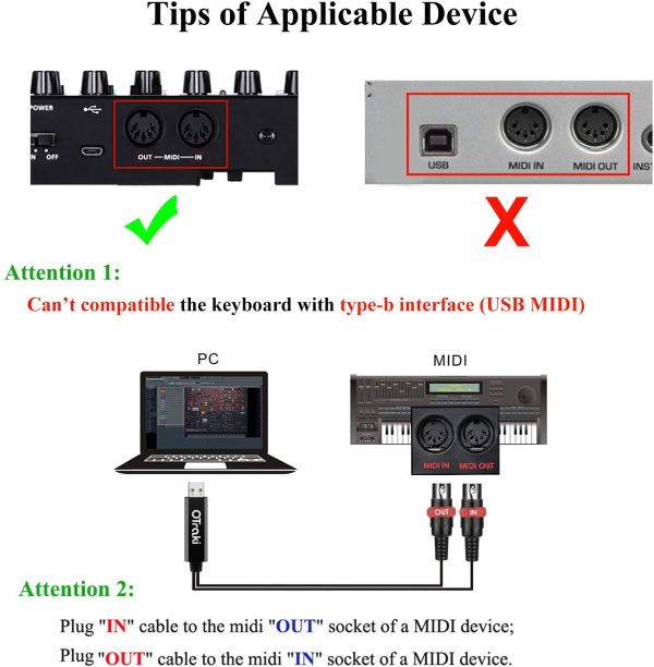 OTraki USB MIDI Cable 3.3Ft 1m In-Out MIDI to USB Cable with LED Indicator 5 PIN DINs for Music Keyboard Piano to PC Laptop USB MIDI Interface Converter for Home Music Studio - Image 6