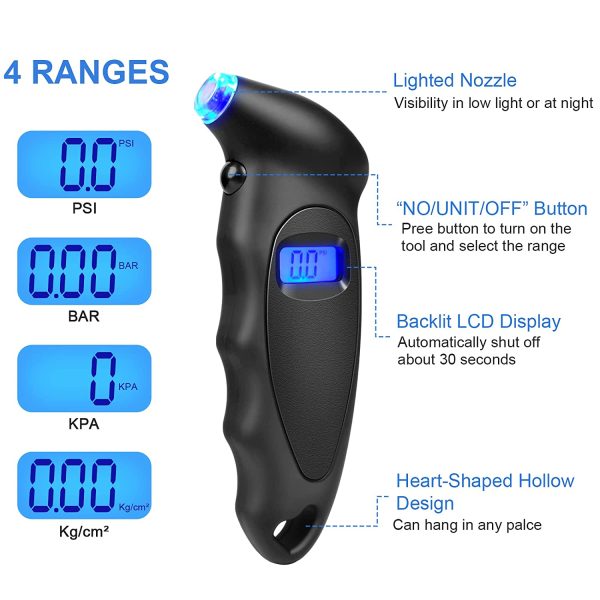 Digital Tyre Pressure Gauge: Checker Tyre for Car Truck Bicycle Motorbike with Backlit LCD and Non-Slip Grip, Black - Image 2