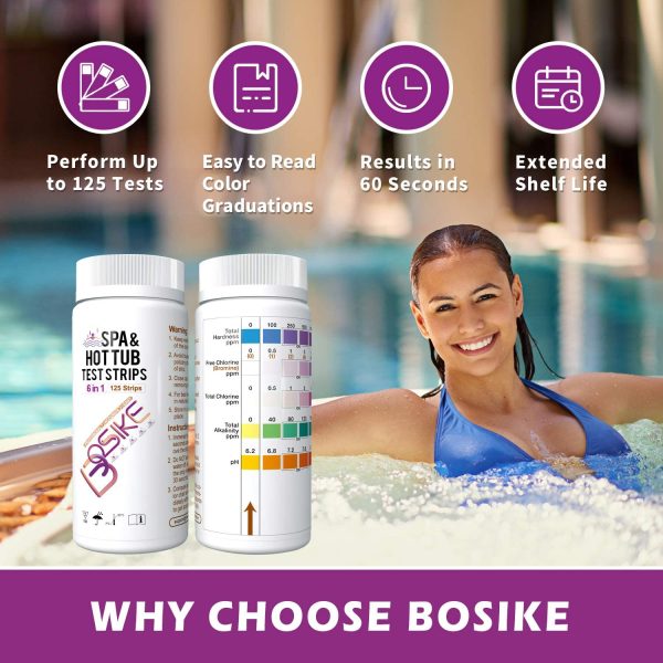 BOSIKE 6 in 1 Water Hot Tub, Swimming Pool & Spa Test Strips Kit - 125 Water Tester Strips for Total Hardness, Free Chlorine, Bromine, Total Chlorine, Alkalinity & pH - Image 3