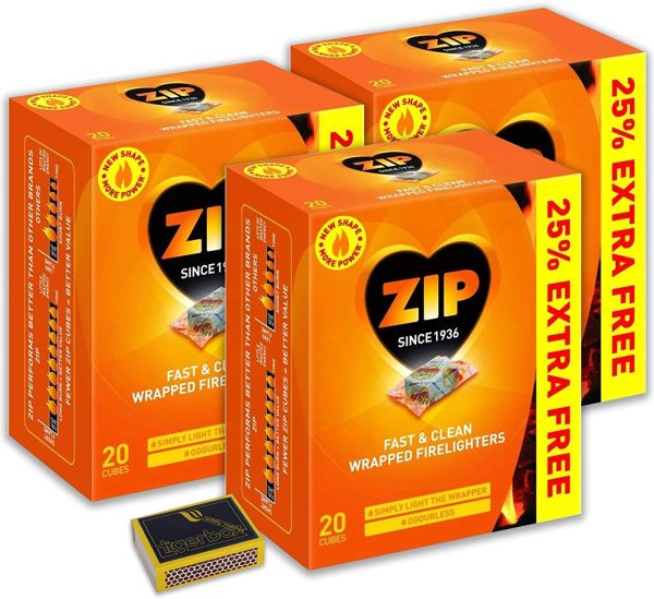 3 X Packs of 20 Zip Fast & Clean Wrapped Firelighters for Open Fires, BBQs, Stoves, Chimineas & Tigerbox Safety Matches