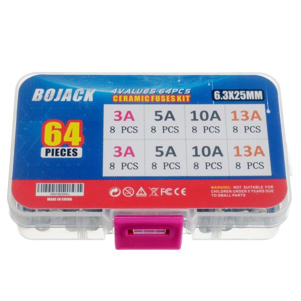 BOJACK 4 Values 64 pcs 3 5 10 13 A amp 240 V Volt Household Mains Plug Fuse 6.3x25 mm 0.25x1Inch BS1362 Ceramic Tube Cartridge Fuses Assortment Kit packag in a Clear Plastic Box - Image 4