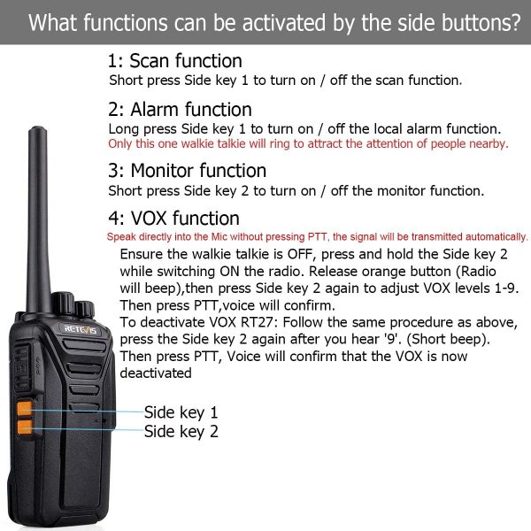 Retevis RT27 Walkie Talkies, Walkie Talkie Rechargeable with USB Charging Base, PMR446 License-free, 16 Channels, VOX, Walkie Talkies Long Distance, Two Way Radio for Biking, Camping (2 Pack, Black) - Image 7