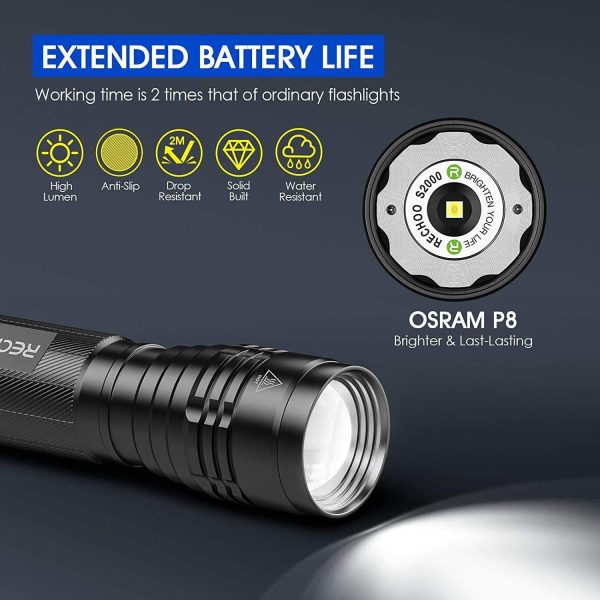 LED Torch, 3000 Lumen Super Bright Torches - 3 Modes, Long Working Time, Zoomable and IP67 Waterproof - Powerful Flashlight for Fishing Camping Emergency