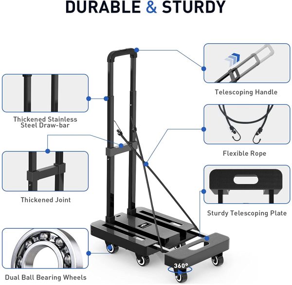 Folding Hand Truck, 227KGS Heavy Duty Platform Truck Utility Cart with 6 Wheels & 2 Elastic Ropes for Luggage, Travel, Auto, Shopping, Moving and Office, Black - Image 4