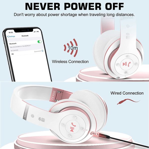 Prtukyt Bluetooth Headphones Over-Ear,Foldable Wireless and Wired Stereo Headset Micro SD/TF, FM for Phones/Samsung/Pads/PC, Comfortable Earmuffs &Light weight for Prolonged Wearing(White & Rose Gold) - Image 3