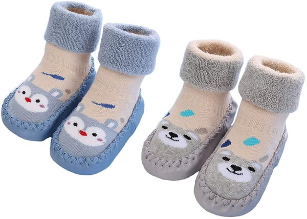 Gavena 2 Pairs of Baby Slippers Socks Toddler Girls Slippers Cotton Newborn Boys Warm First Walking Shoes Soft Sole Non Slip