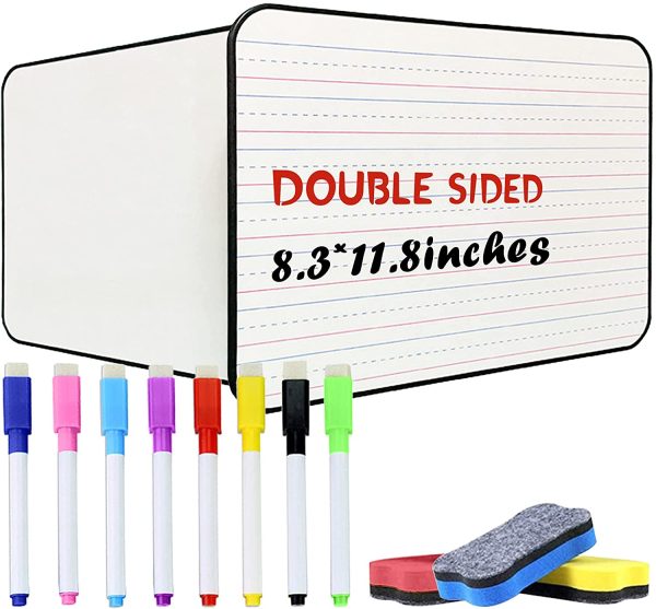 Lined Dry Erase Board for Kids A4, Ruled & Blank Kids White Board Writing Learning at Home, Double Sided Portable Whiteboard with 8 Markers & 3 Erasers (Black)