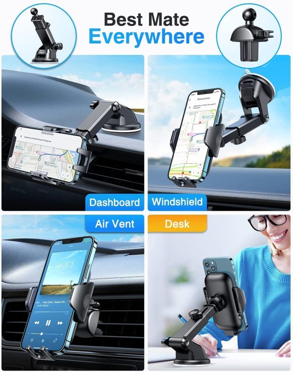 Car Phone Holder Mount, [Upgraded Military-Grade Shockproof] Mobile Cell Phone Cradle [Strong Suction] Universal Automobile Dashboard Windscreen Vent Stand Compatible with iPhone 13 12 Samsung - Image 8