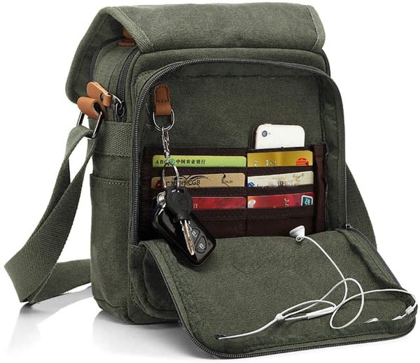 CHEREEKI Canvas Bag, Shoulder Bag Messenger Bag with Multiple Pockets (Hold 10 inch Tablet, iPad, Kindle) (Army Green)