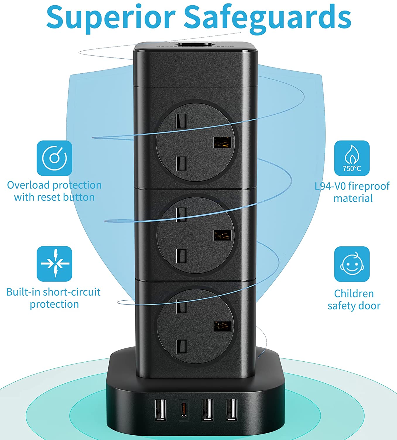 Hulker Tower Extension Lead With Usb Way Usb Type C And Usb Ports Multi Plug