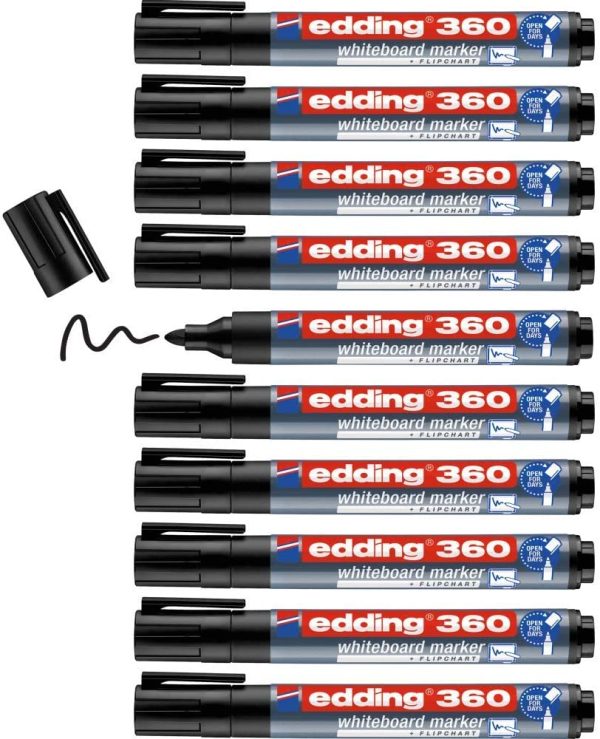 edding 360 Whiteboard Marker - Black - 10 Whiteboard Pens - Round Tip 1.5-3 mm - Whiteboard Pen Dry Wipe - for Whiteboards, Flipcharts, Pinboards, Magnetic and Memo Boards - Sketchnotes - Refillable - Image 2