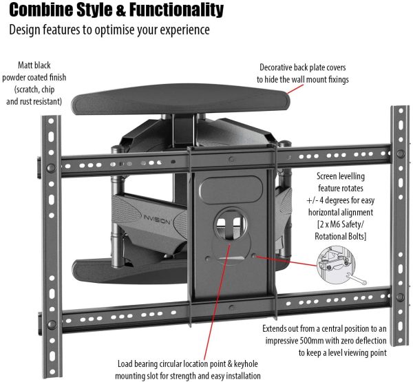 Invision Ultra Strong TV Wall Bracket Mount Double Arm Tilt & Swivel for 37-70 Inch (94-178cm) LED LCD OLED Plasma & Curved Screens - Up to VESA 600mm(w) x 400mm(h) - Max Load 50kg (HDTV-DXL) - Image 5