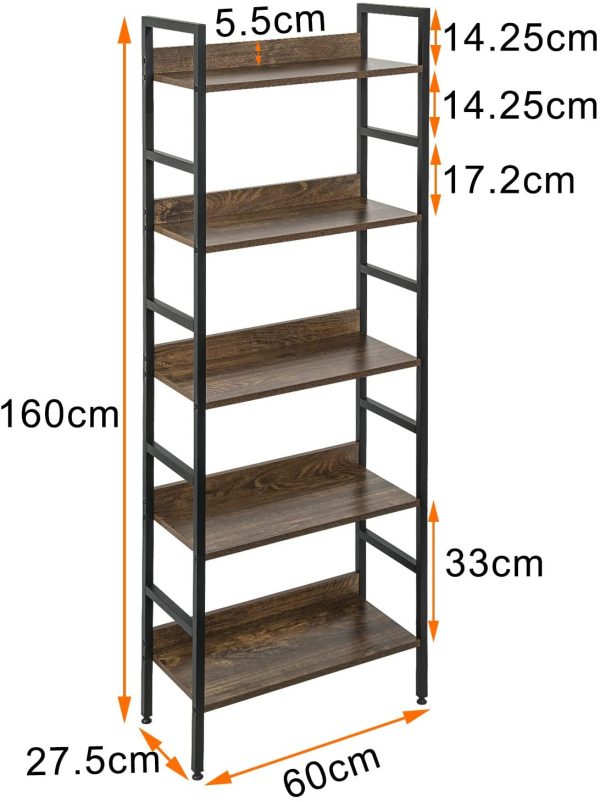 eSituro Heavy Duty 5-Tier Storage Shelves Ladder Bookshelf Vintage Industrial Bookcase Shelving Unit Stand with Black Metal Frame Walnut Wooden Shelves 60x27.5x160CM SSTR0056 - Image 2