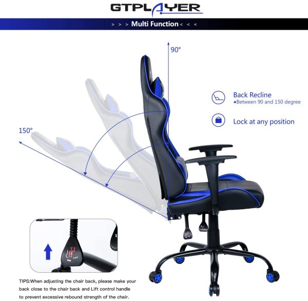 Gaming Chair Office Chair Swivel Heavy Duty Chair Ergonomic Design with Cushion and Reclining Back Support(Blue) - Image 2